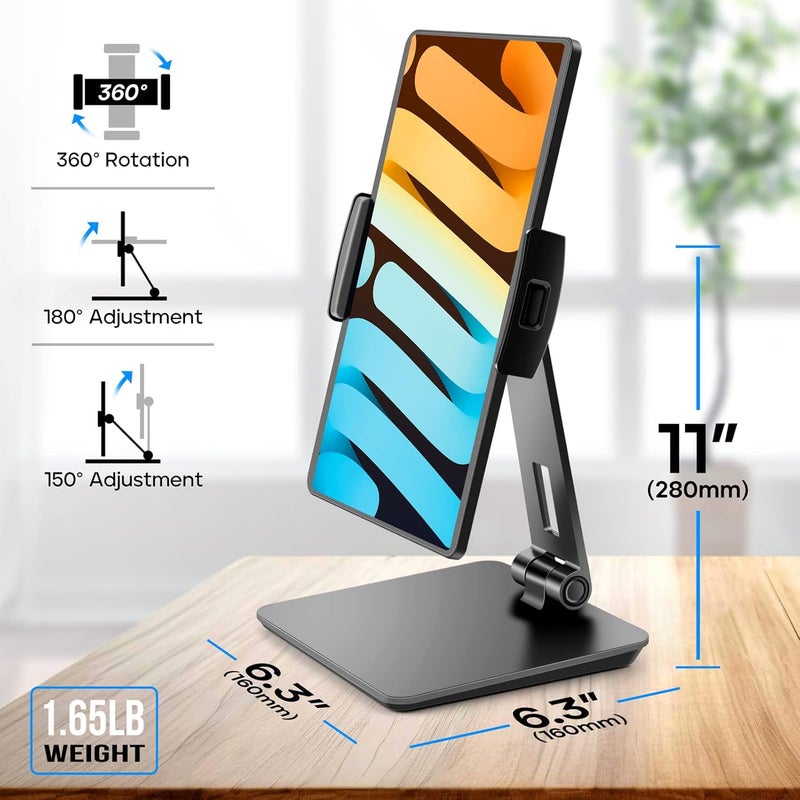 ROADOM Tablet Stand, Adjustable 360° Swivel Bracket, 180° Tiltable Clamp,Foldable Tablet Holder for 4.7-17.3'' iPhone/iPad/Tablet/Portable Monitor, Aluminum Alloy, Black - Image 5